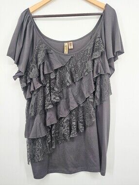 Eyeshadow Plus Size Gray Lace Ruffle Blouse Boho Romantic Fairy Grunge 2X